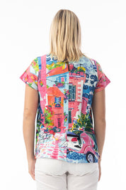 A model wearing the Vin colourContemporary Cotton T-Shirt - Scooter (Pink), from the back