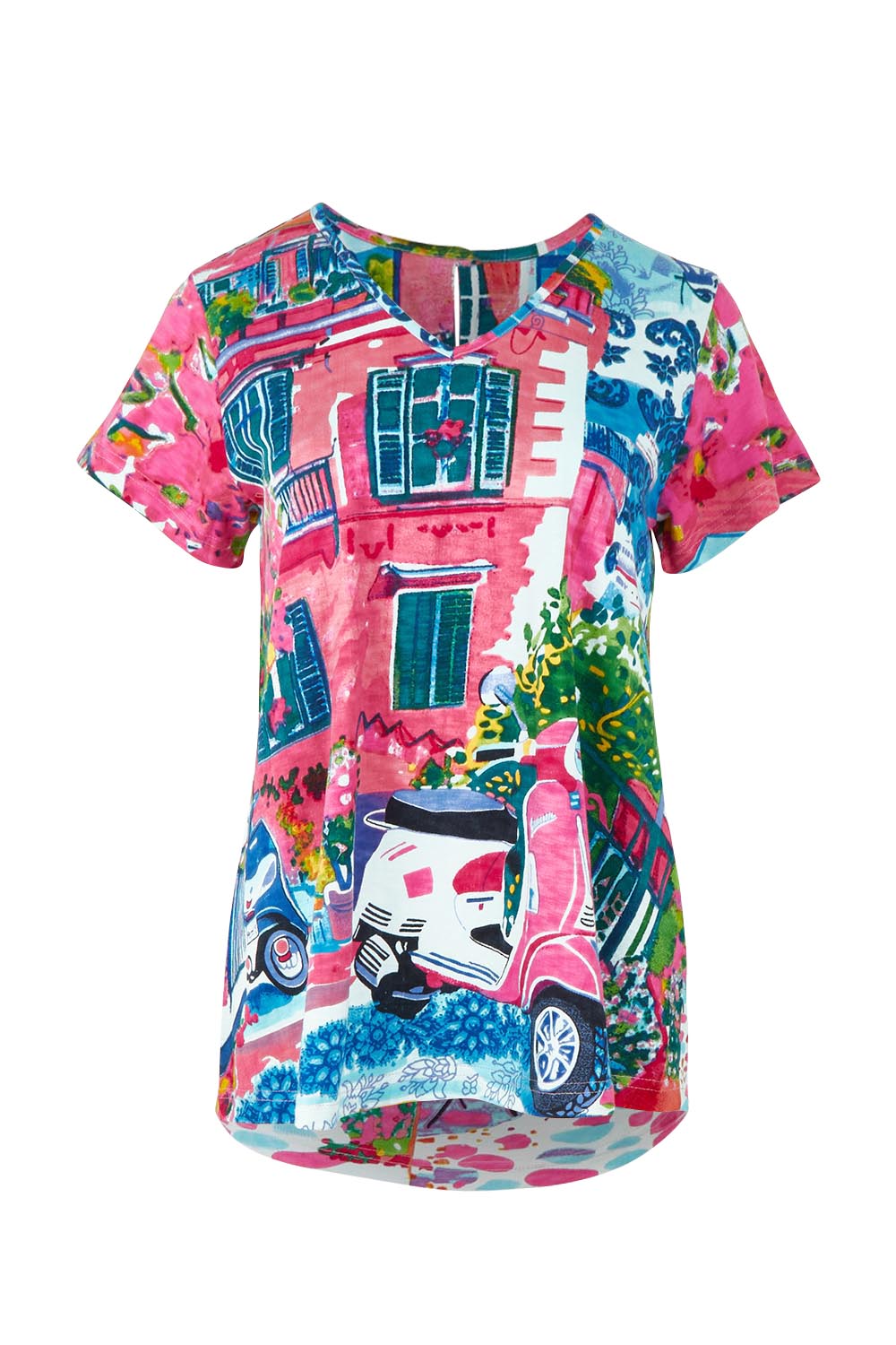 Product shot of the Vin colourContemporary Cotton T-Shirt - Scooter (Pink), from the front