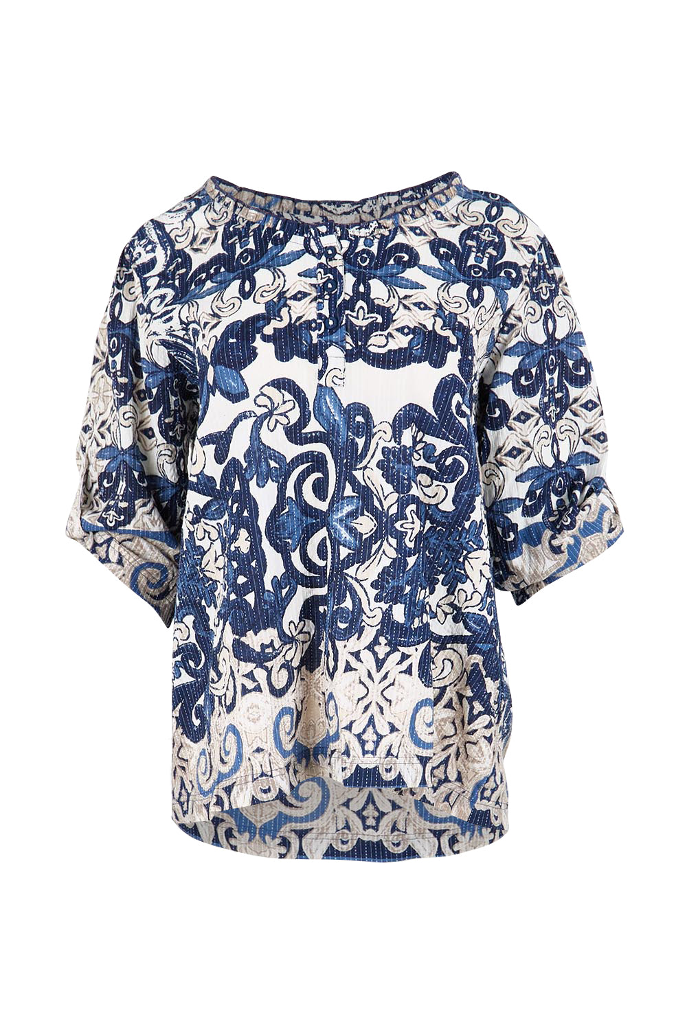 Product shot of the Frill Neckline Top – Print in colour Print, showing detail