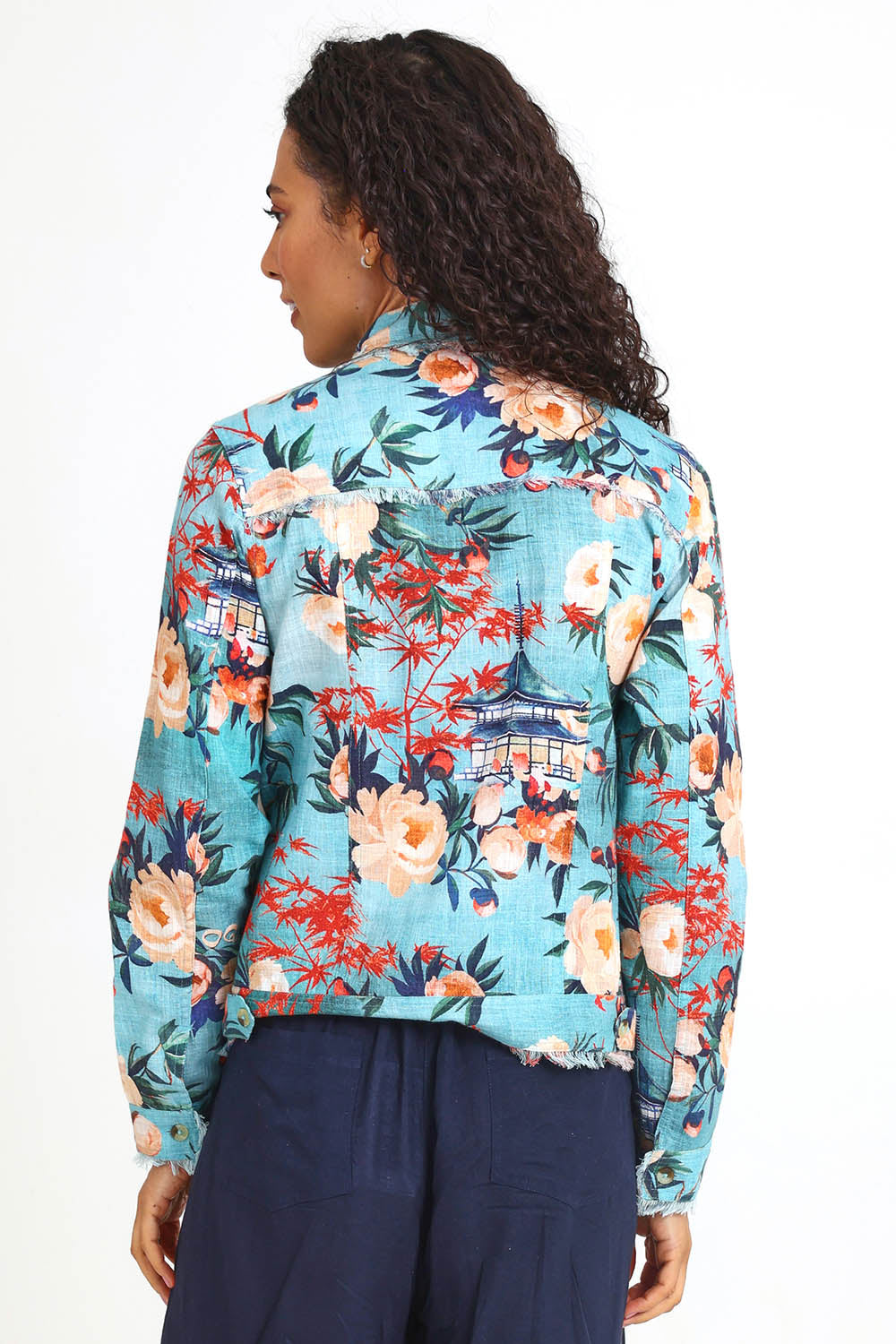 Model Pamelar wearing size 10 of the Fringe Jacket – Print in colour Print, from the back