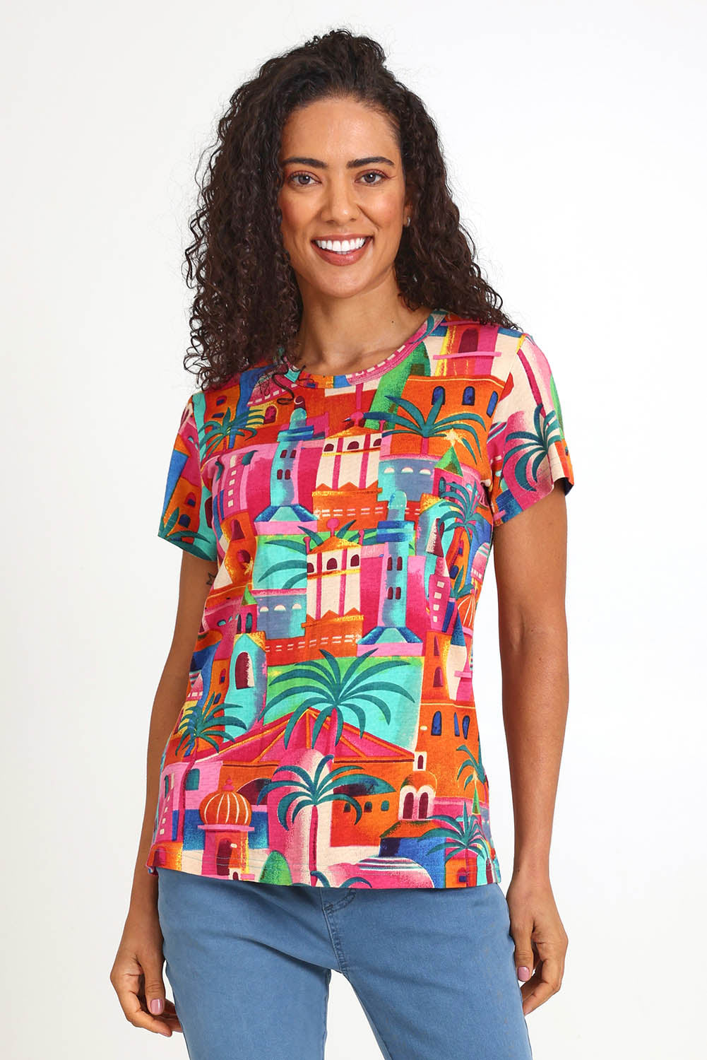 Model Pamelar wearing size 10 of the Crew Contemporary T-Shirt – Moorish in colour Moorish, in a cropped view