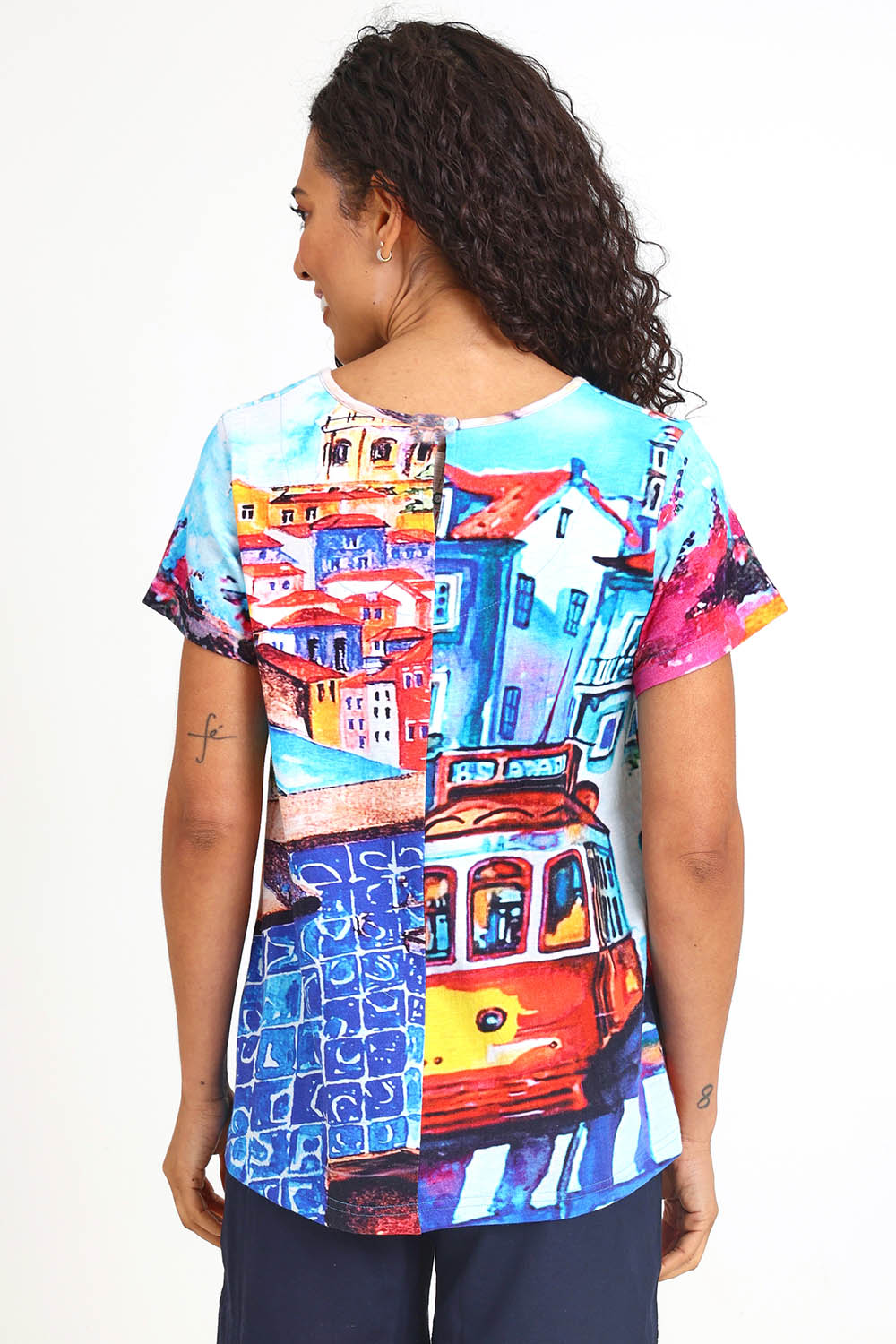 Model Pamelar wearing size 10 of the V-Contemporary T-Shirt – Lisbon in colour Lisbon, from the back