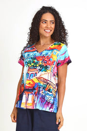 Model Pamelar wearing size 10 of the V-Contemporary T-Shirt – Lisbon in colour Lisbon, in a cropped view