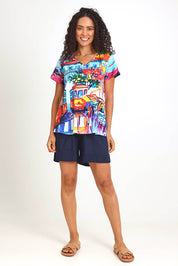 Model Pamelar wearing size 10 of the V-Contemporary T-Shirt – Lisbon in colour Lisbon, from the front