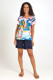 Model Pamelar wearing size 10 of the V Contemporary T-Shirt – Yacht in colour Yacht, from the front