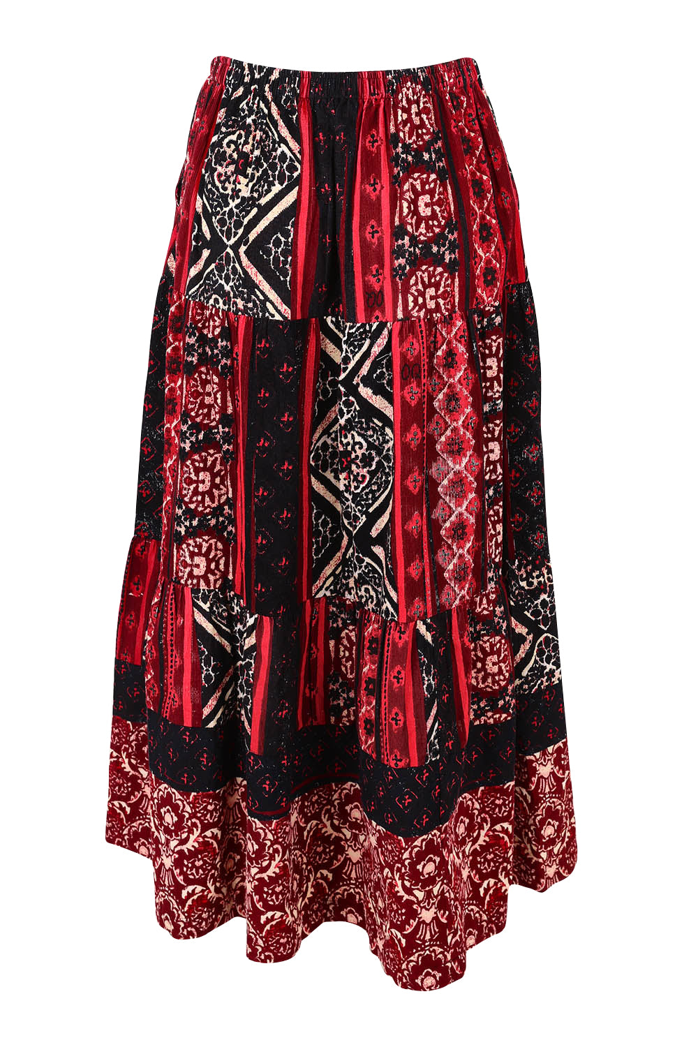 Product shot of the Jolene Cord Skirt in colour Jolene (Red), from the back