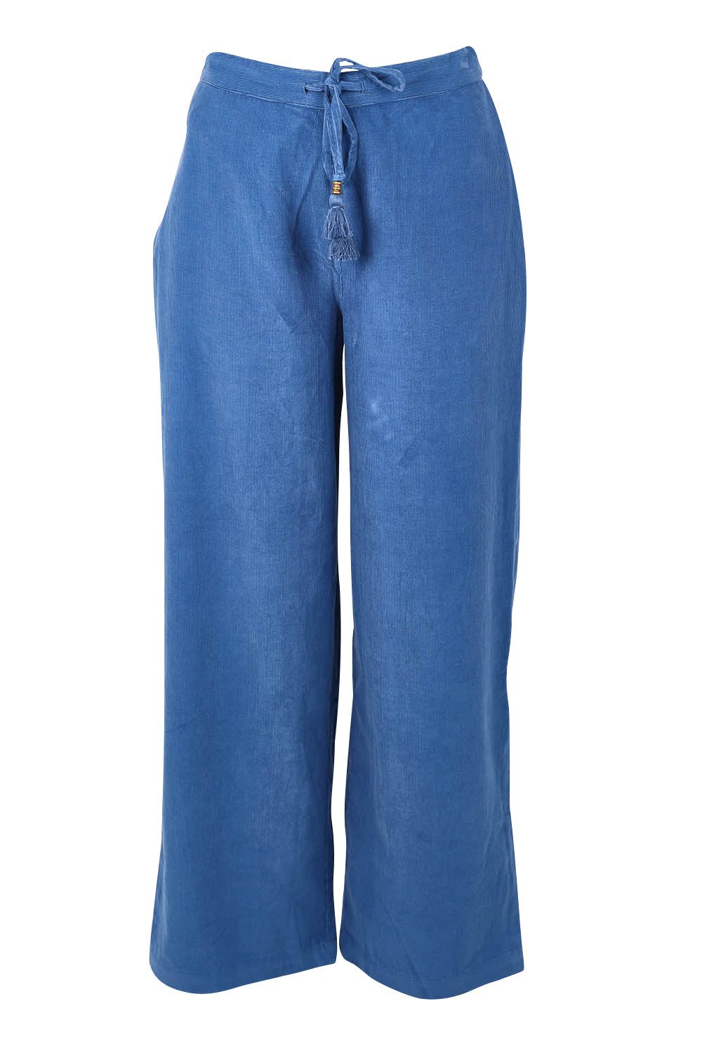 Product shot of the Corduroy Flared Trouser in colour Blue (Blue), from the front