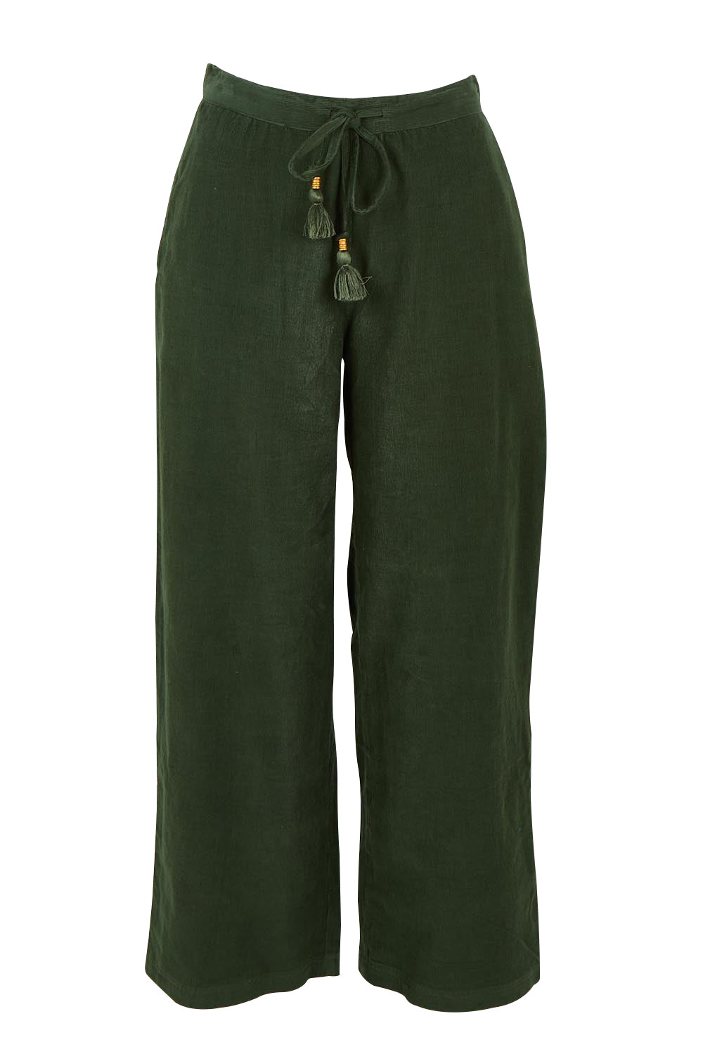 Product shot of the Cord Solids Wide Leg Pant in colour Military (Green), from the front