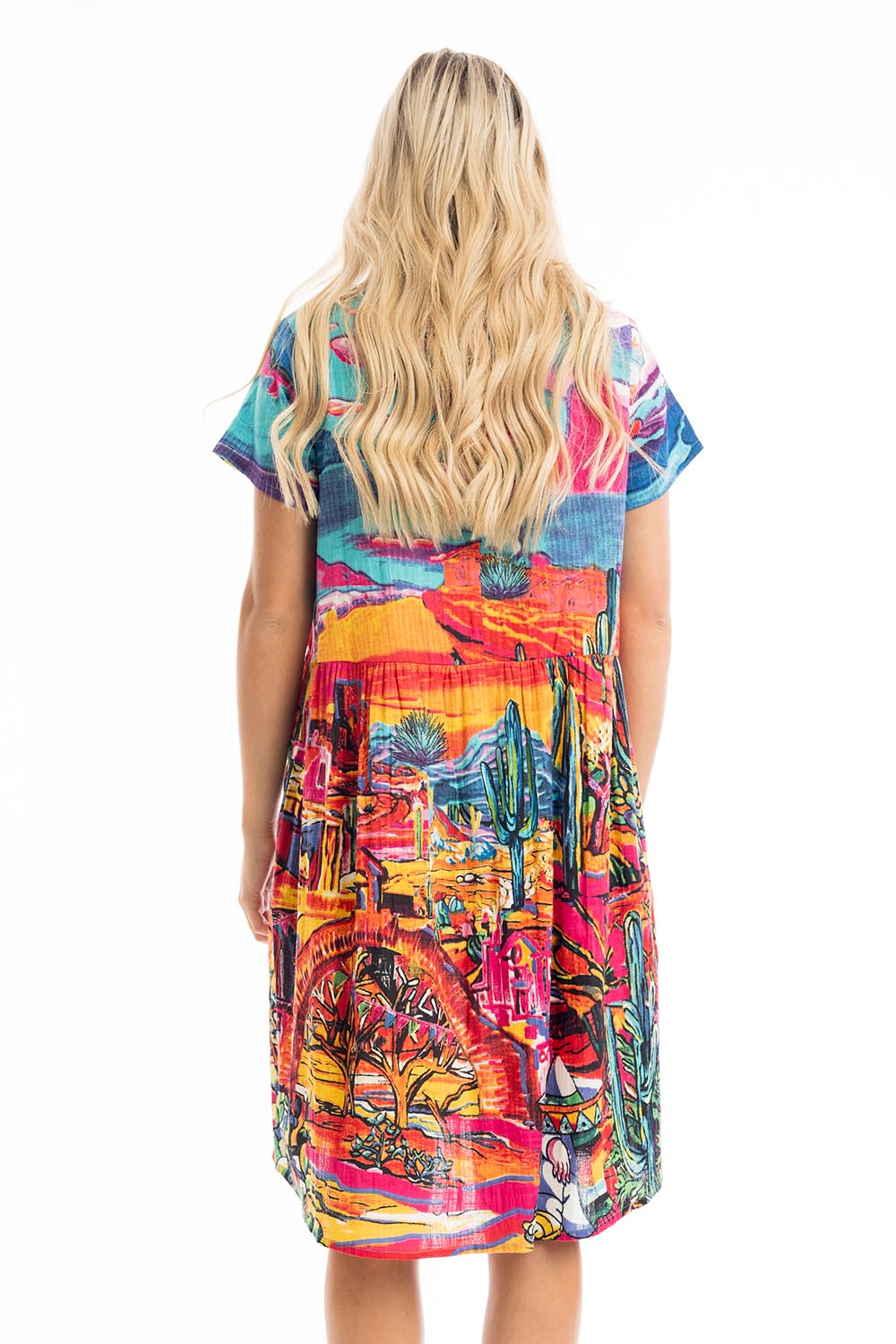 A model wearing the Ocampo Organic Cotton Boxy Ruched Waist Dress in colour Print (Blue), from the back