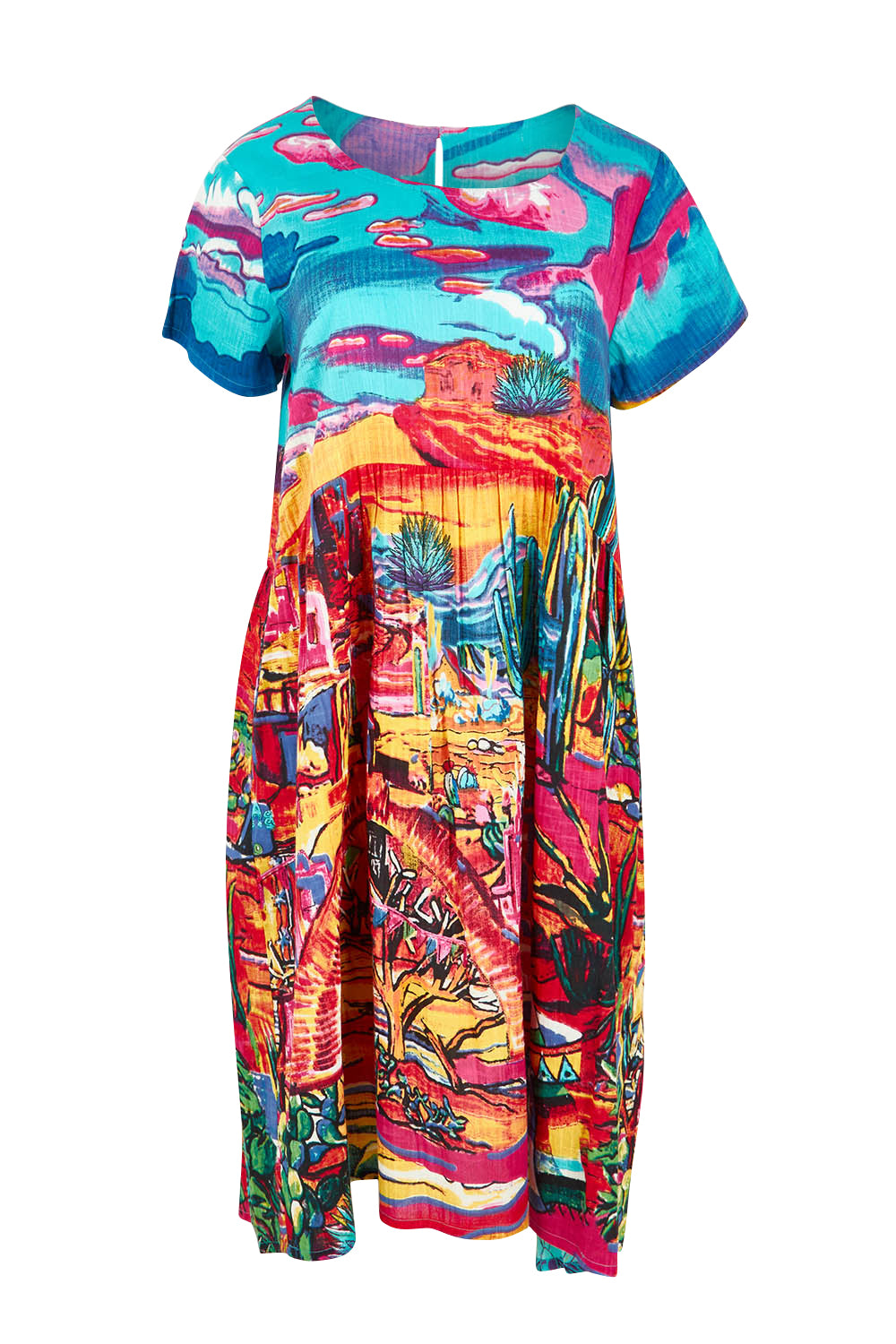 Product shot of the Ocampo Organic Cotton Boxy Ruched Waist Dress in colour Print (Blue), from the front