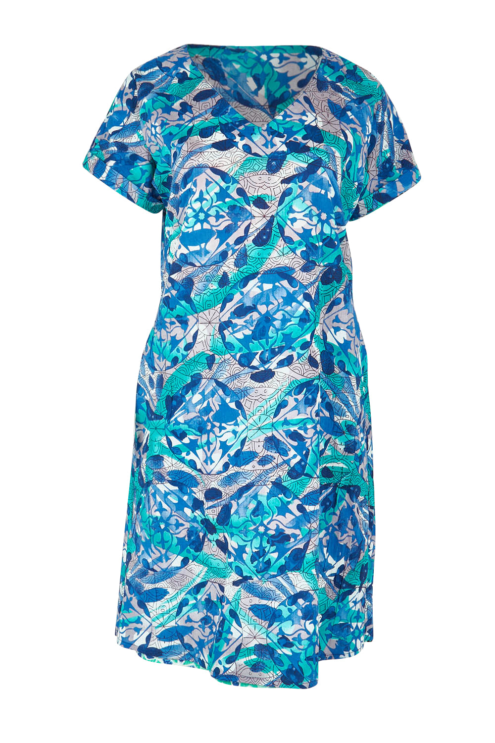 Product shot of the Cayman Organic Cotton Reversible Dress in colour Print (Blue), detail