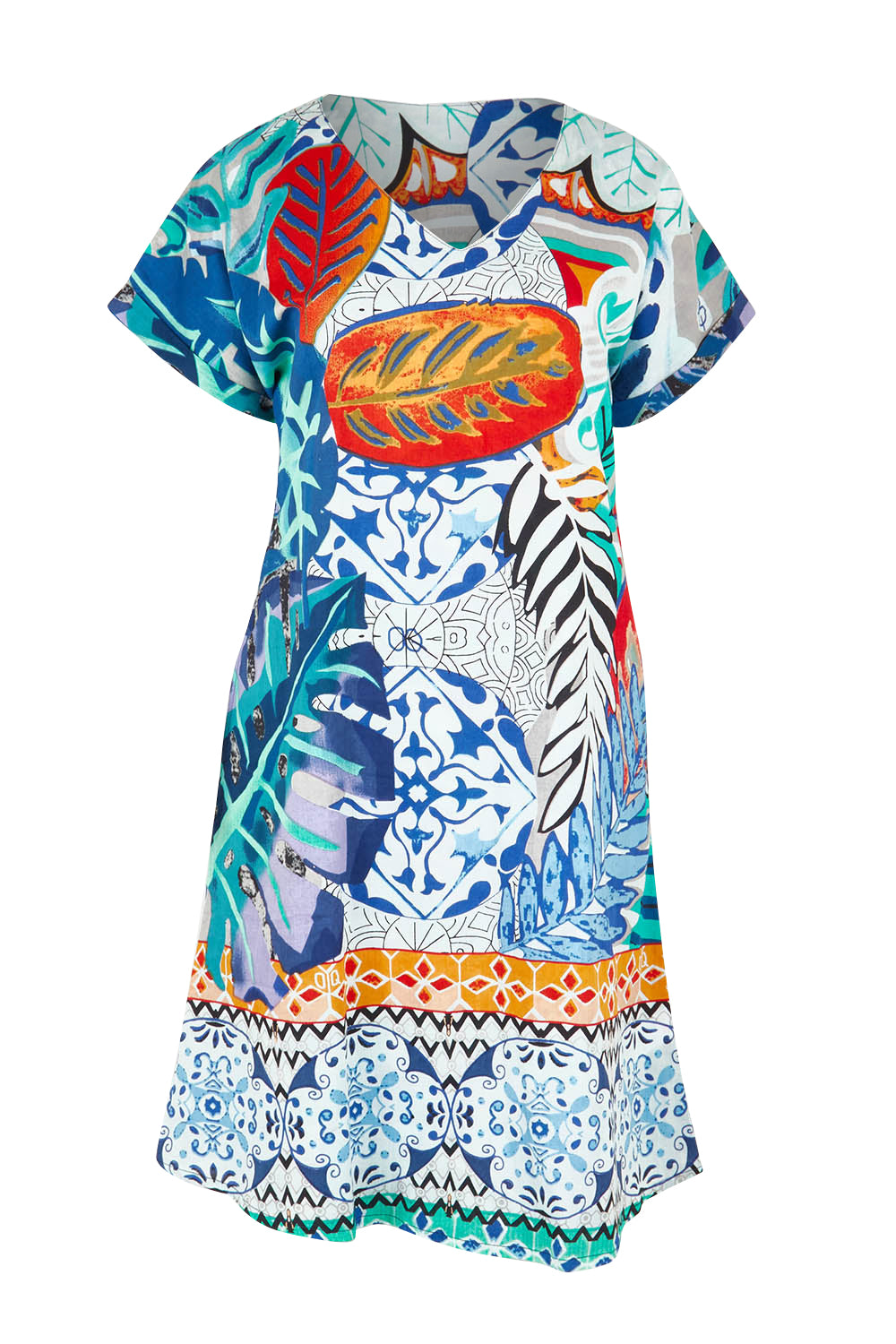 Product shot of the Cayman Organic Cotton Reversible Dress in colour Print (Blue), from the front
