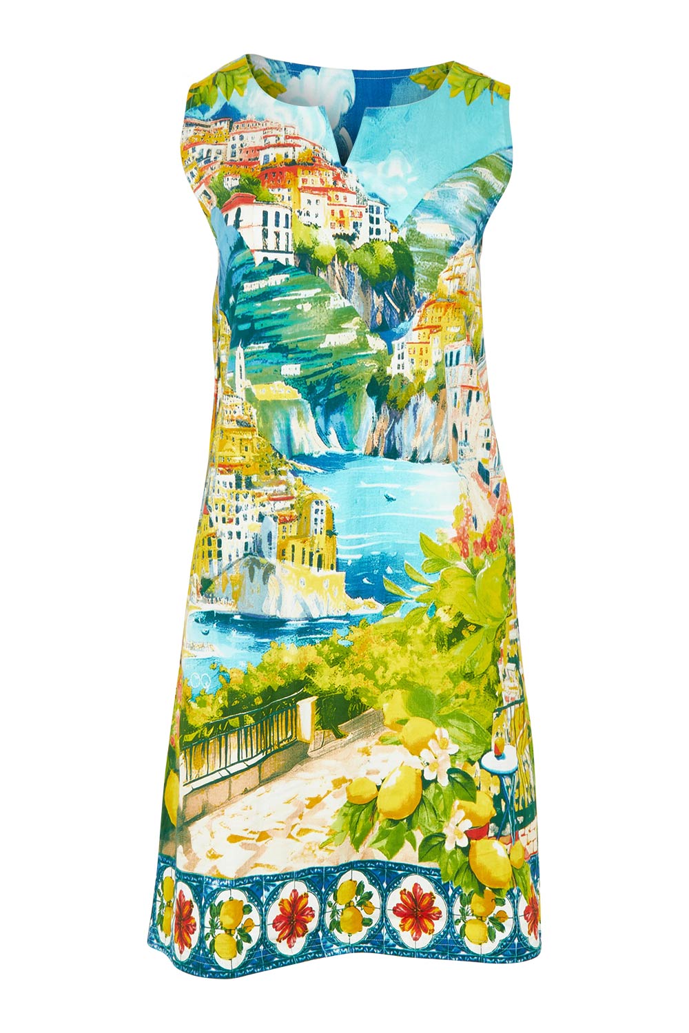 Product shot of the Sleeveless Cotton Shift Dress in colour Amalfi, from the front
