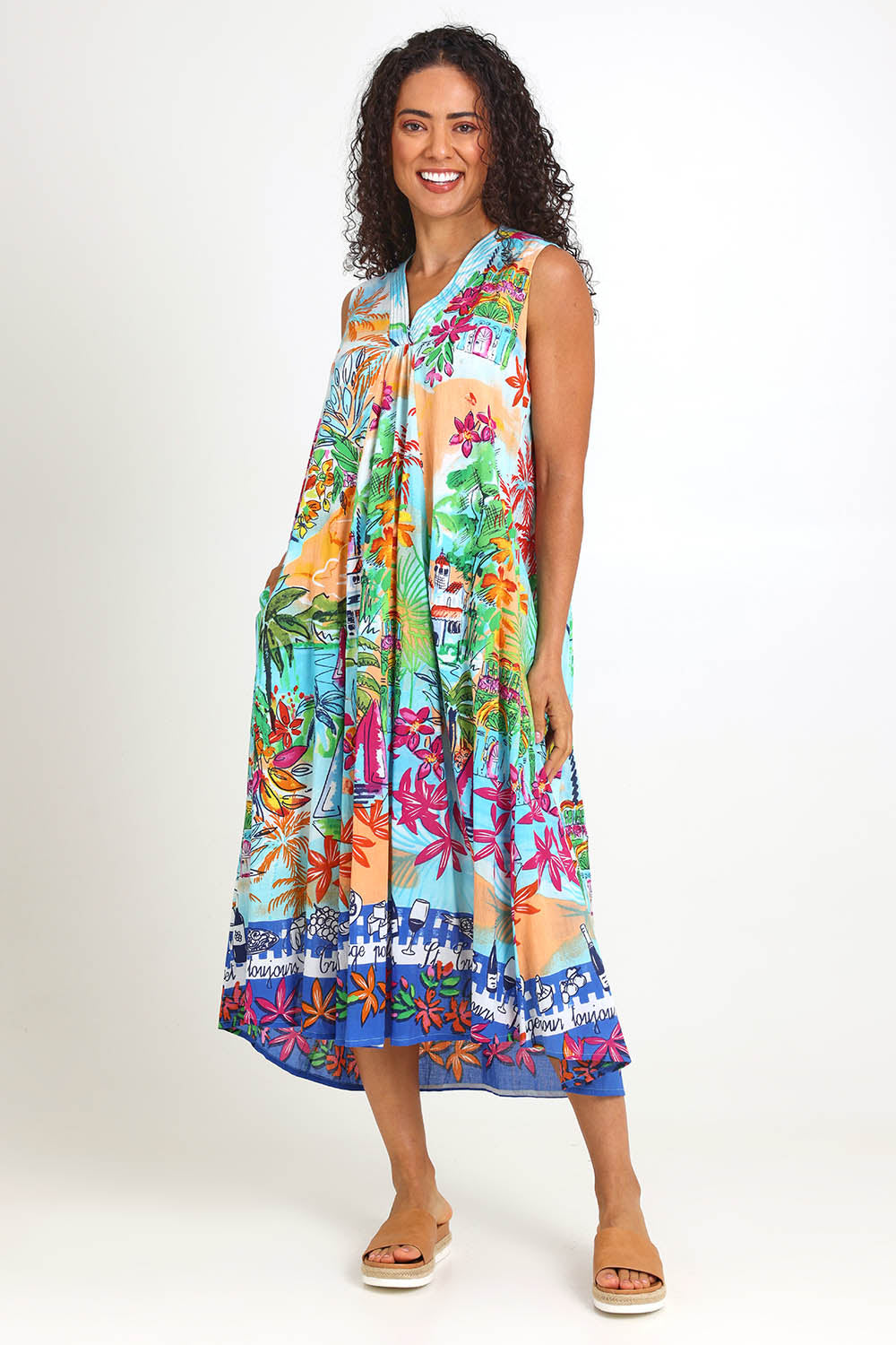 Model Pamelar wearing size 10 of the Sleeveless V Maxi Dress – Print in colour Print, from the front