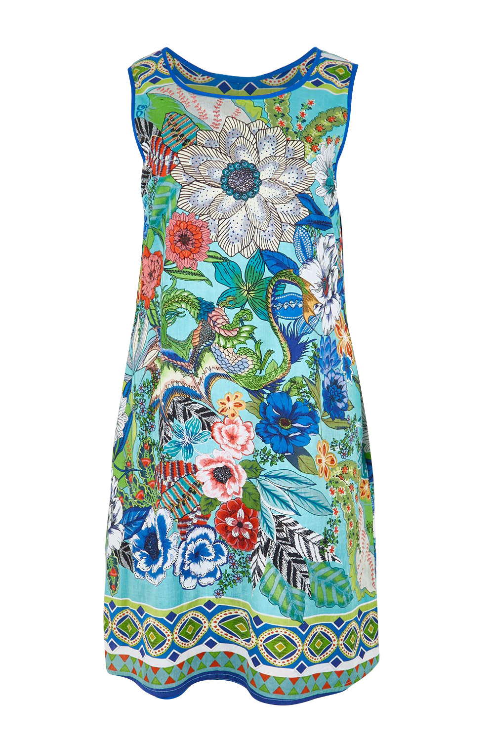 Product shot of the Sleeveless Reversible Dress – Print in colour Print, from the front