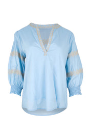 Product shot of the Essentials Embroidered Cotton Top - Sky in colour Sky, from the front