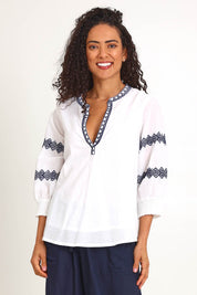 Model Pamelar wearing size 10 of the Essentials Embroidered Cotton Top - White in colour White, in a cropped view