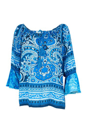 Product shot of the Boho Tassel Top – Blue in colour Blue, from the front