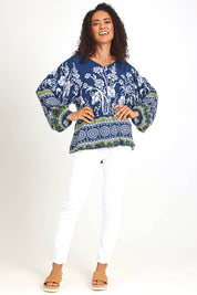 Model Pamelar wearing size 10 of the Paisley Border Top – Navy in colour Navy, from the front