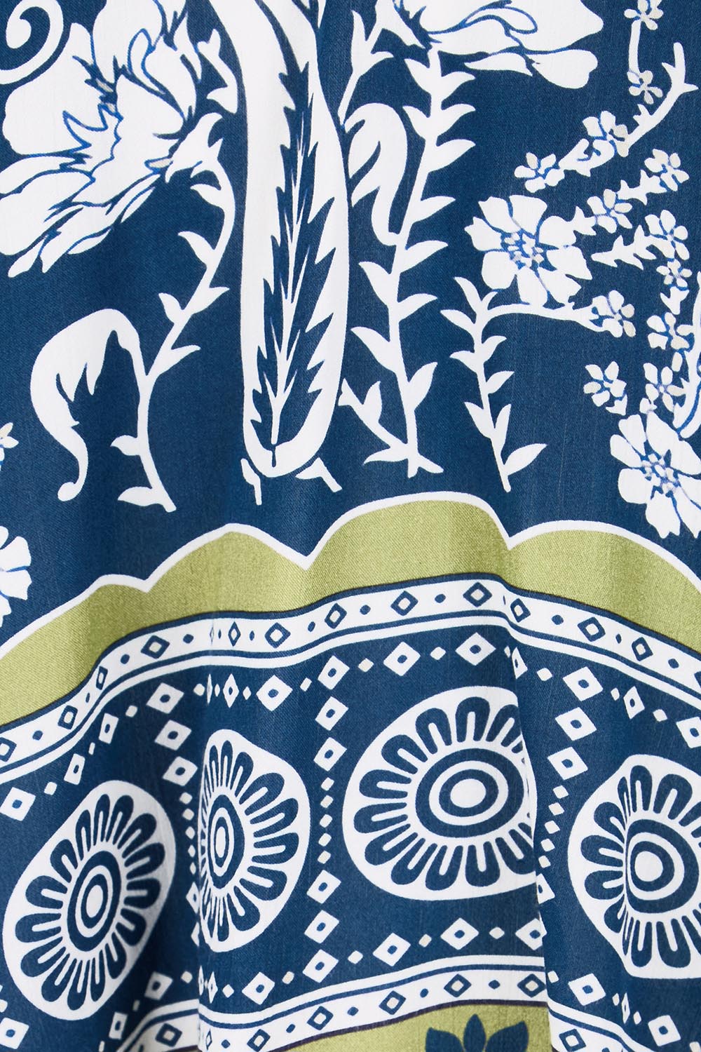 Product shot of the Paisley Border Top – Navy in colour Navy, showing detail