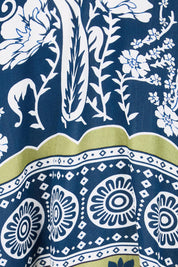 Product shot of the Paisley Border Top – Navy in colour Navy, showing detail