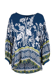 Product shot of the Paisley Border Top – Navy in colour Navy, from the front