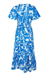 Product shot of the Cannes Ruched Waist Dress in colour Print (Blue), from the back