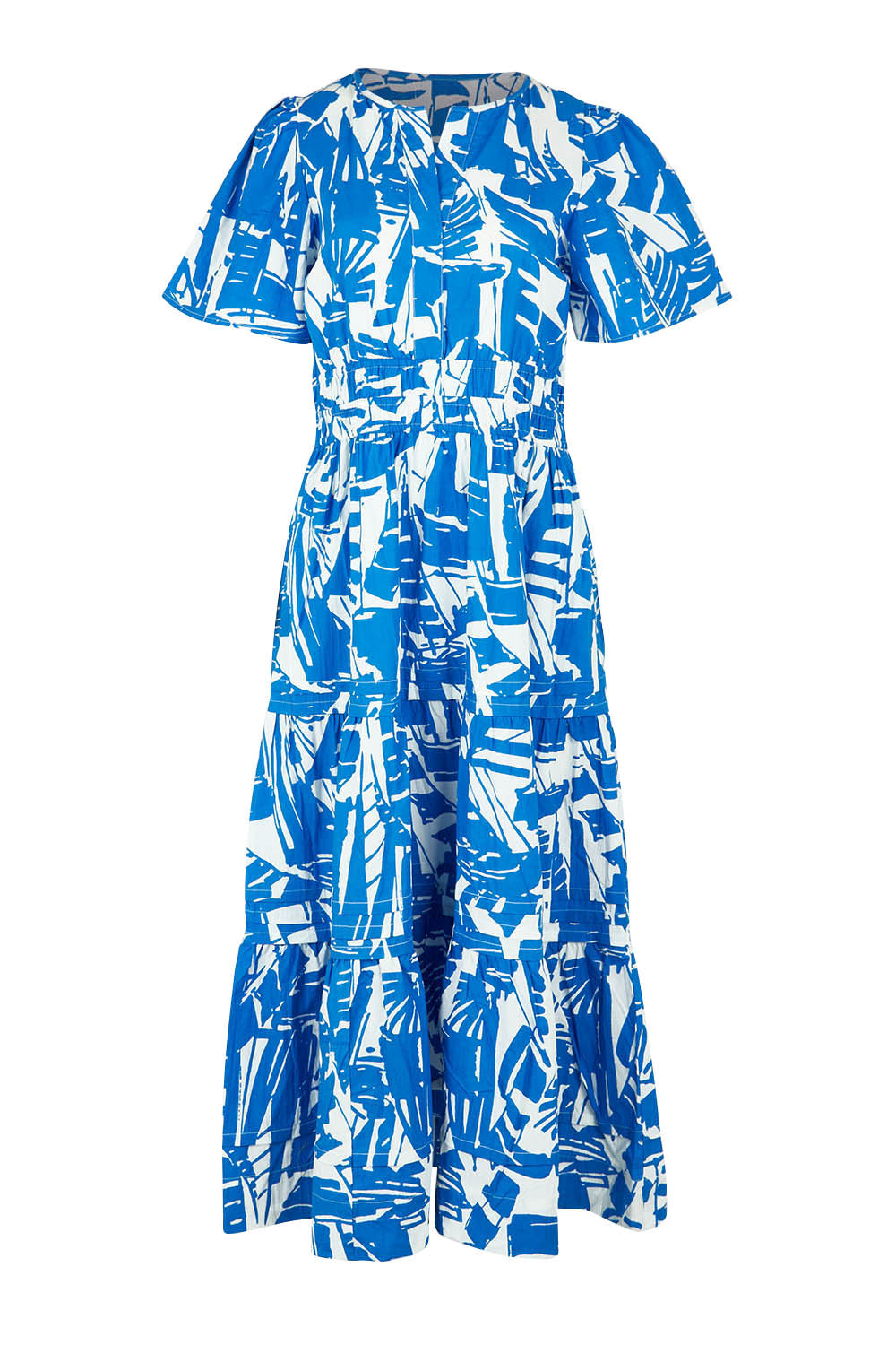 Product shot of the Cannes Ruched Waist Dress in colour Print (Blue), from the front