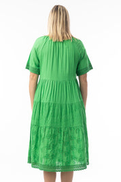A model wearing the Essential Broderie Layers Cotton Dress in colour Green (Green), from the back
