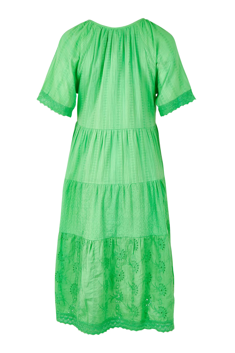 Product shot of the Essential Broderie Layers Cotton Dress in colour Green (Green), from the back