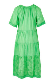 Product shot of the Essential Broderie Layers Cotton Dress in colour Green (Green), from the back