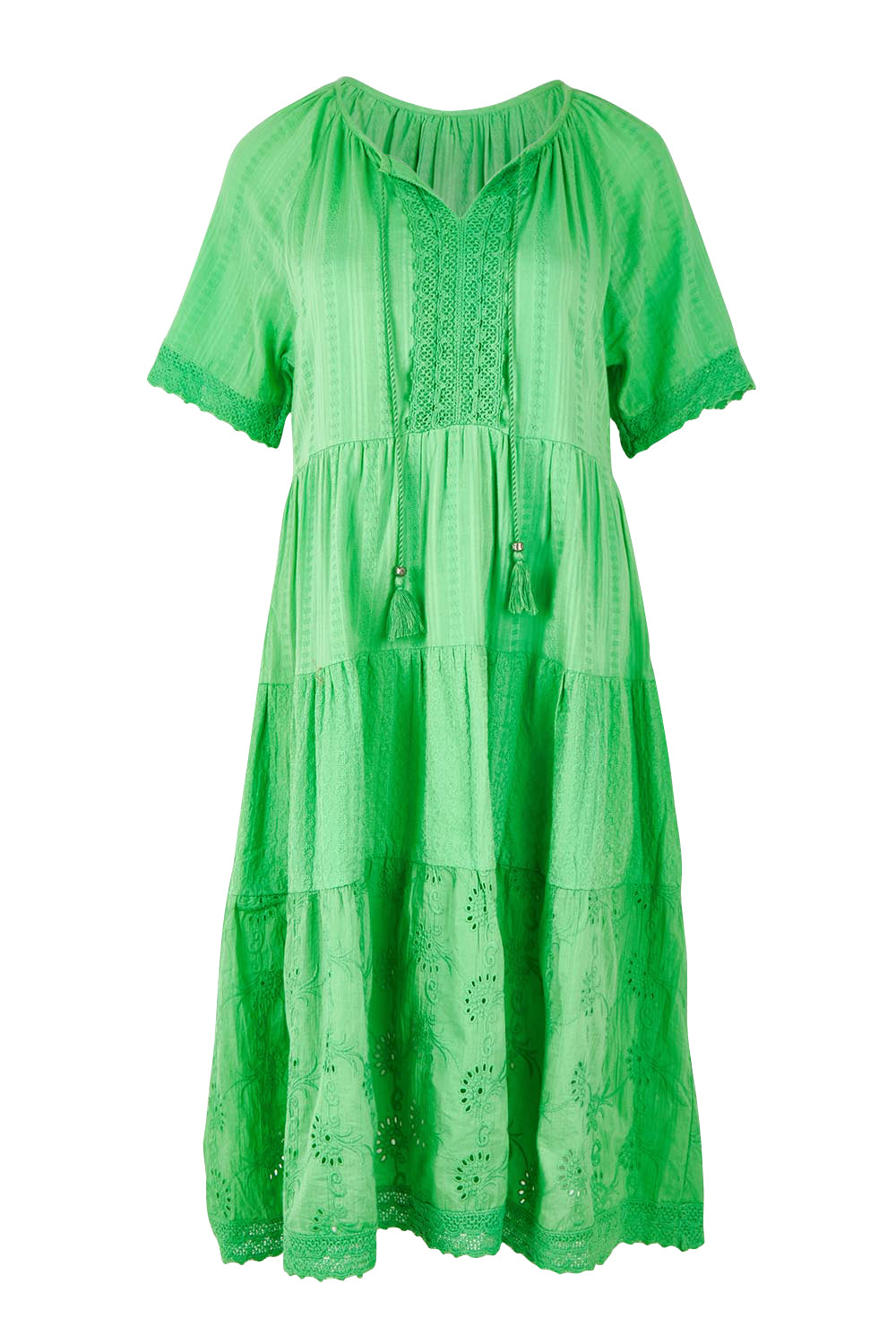 Product shot of the Essential Broderie Layers Cotton Dress in colour Green (Green), from the front