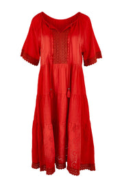 Product shot of the Essential Broderie Layers Cotton Dress in colour Red (Red), from the front