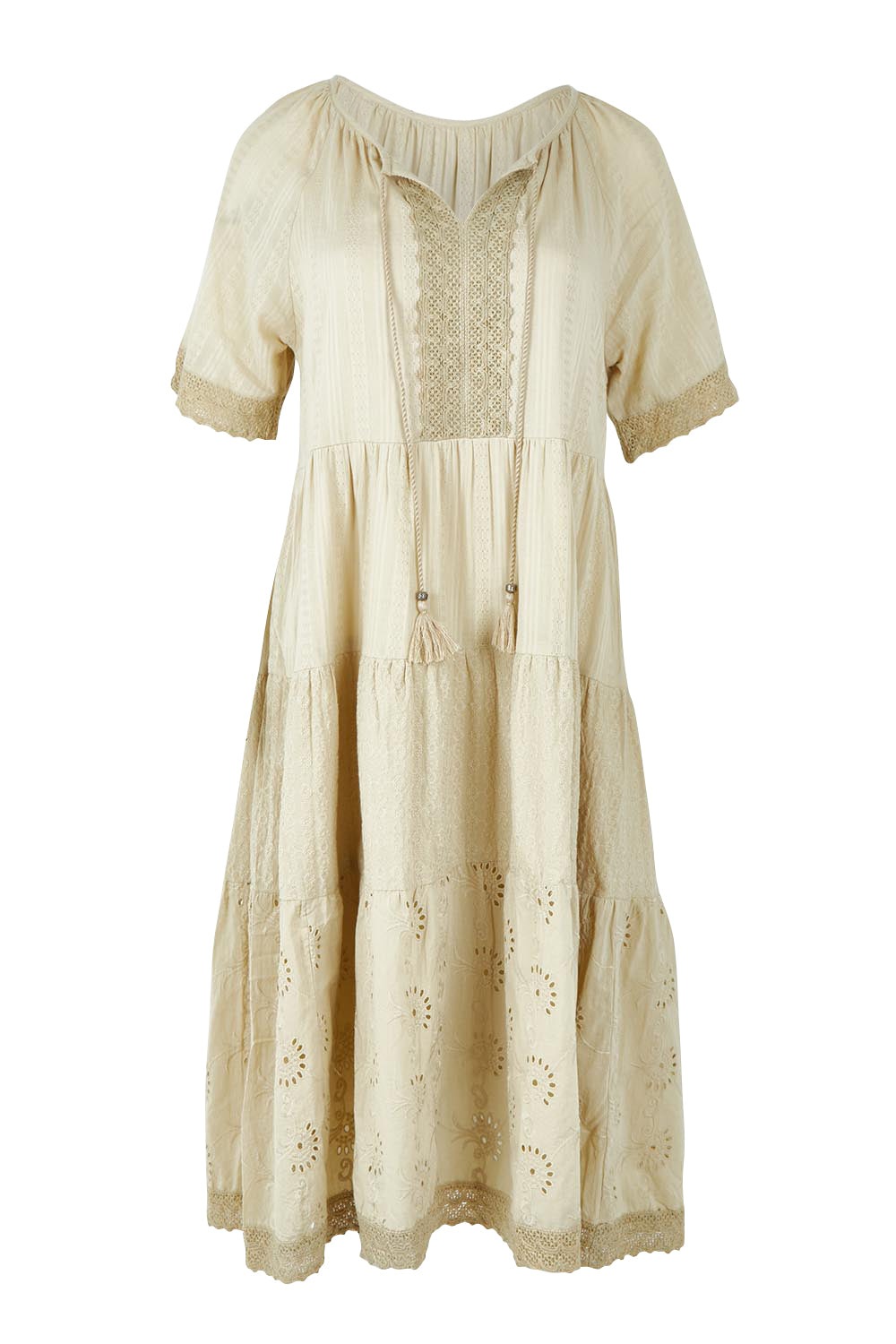 Product shot of the Essential Broderie Layers Cotton Dress in colour Sand, from the front
