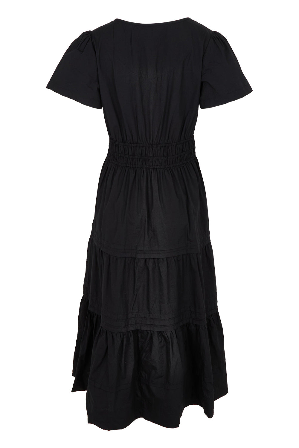 Product shot of the Essentials Organic Cotton Poplin Maxi Ruched Waist Dress in colour Black (Black), from the back