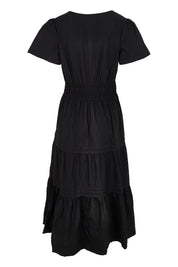Product shot of the Essentials Organic Cotton Poplin Maxi Ruched Waist Dress in colour Black (Black), from the back