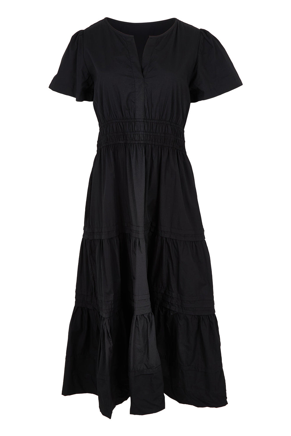 Product shot of the Essentials Organic Cotton Poplin Maxi Ruched Waist Dress in colour Black (Black), from the front