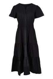 Product shot of the Essentials Organic Cotton Poplin Maxi Ruched Waist Dress in colour Black (Black), from the front