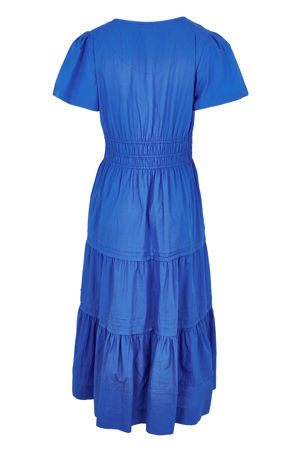 Product shot of the Essentials Organic Cotton Poplin Maxi Ruched Waist Dress in colour Blue (Blue), from the back