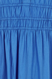 Product shot of the Essentials Organic Cotton Poplin Maxi Ruched Waist Dress in colour Blue (Blue), detail
