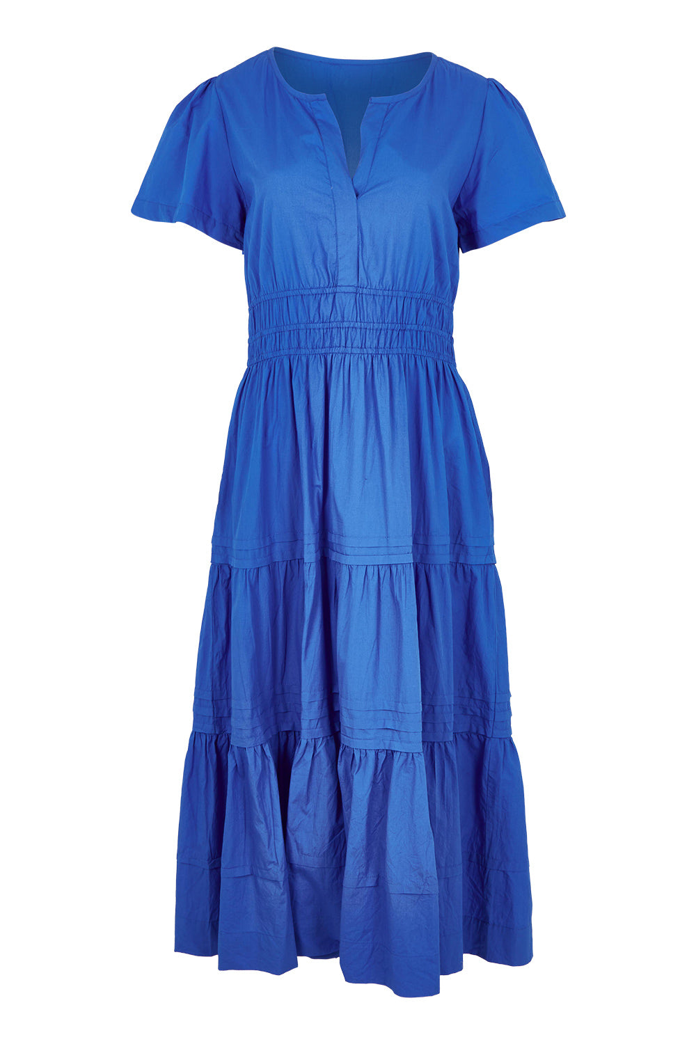 Product shot of the Essentials Organic Cotton Poplin Maxi Ruched Waist Dress in colour Blue (Blue), from the front