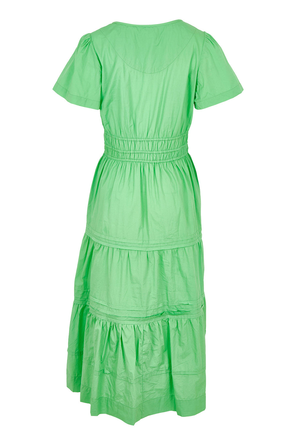 Product shot of the Essentials Organic Cotton Poplin Maxi Ruched Waist Dress in colour Green (Green), from the back