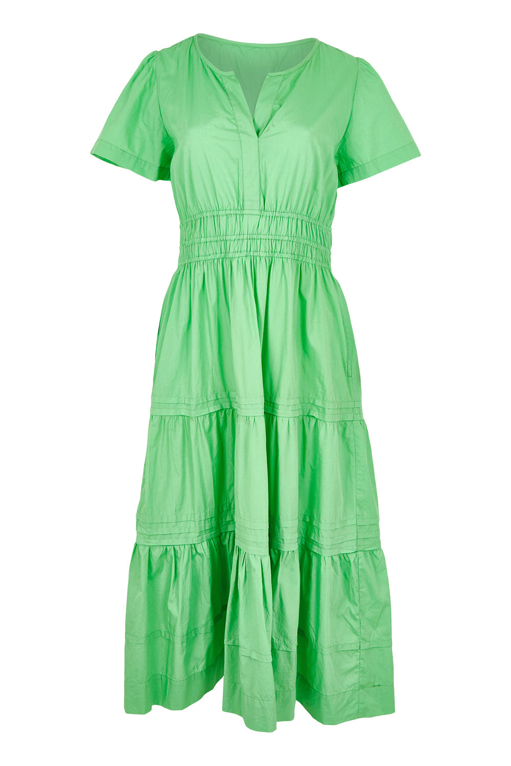 Product shot of the Essentials Organic Cotton Poplin Maxi Ruched Waist Dress in colour Green (Green), from the front