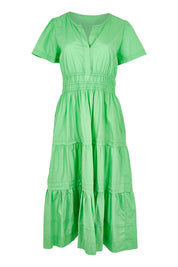 Product shot of the Essentials Organic Cotton Poplin Maxi Ruched Waist Dress in colour Green (Green), from the front