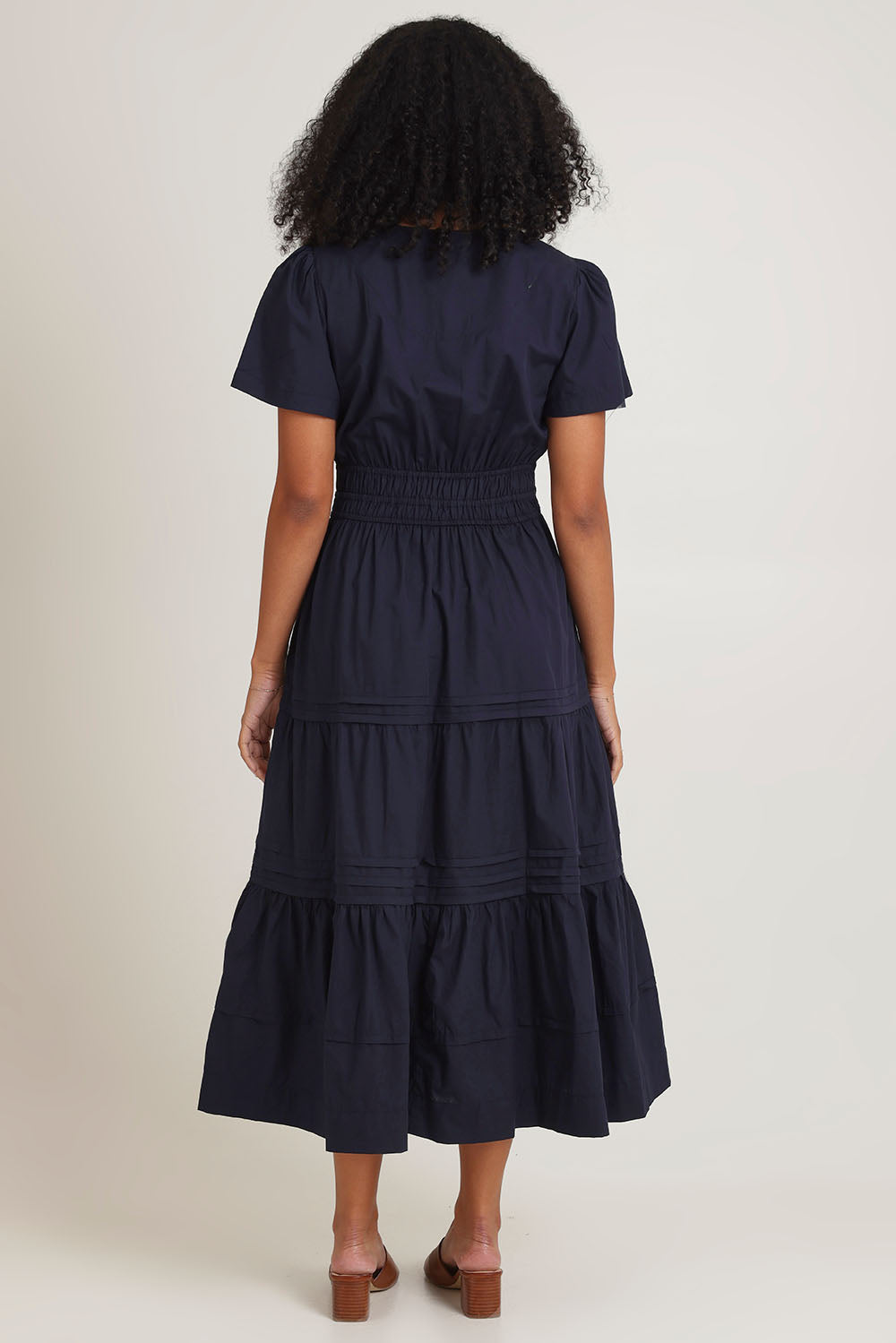 Model Ziara wearing size 10 of the Essentials Organic Cotton Poplin Maxi Ruched Waist Dress in colour Navy (Blue), from the back