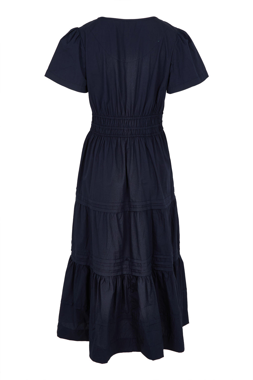 Product shot of the Essentials Organic Cotton Poplin Maxi Ruched Waist Dress in colour Navy (Blue), from the back