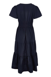 Product shot of the Essentials Organic Cotton Poplin Maxi Ruched Waist Dress in colour Navy (Blue), from the back