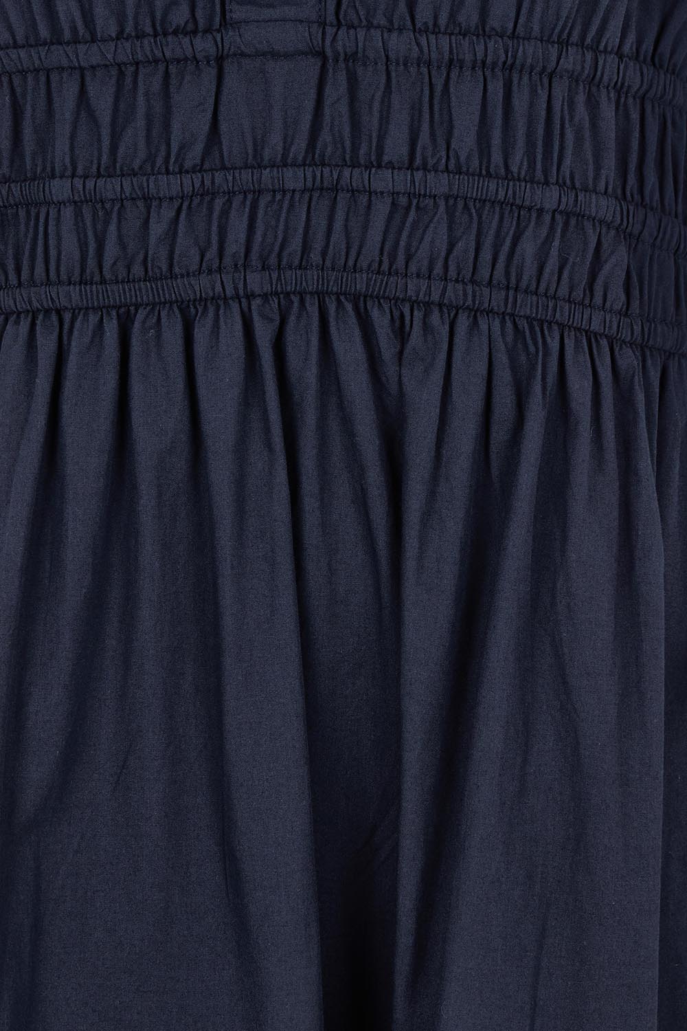 Product shot of the Essentials Organic Cotton Poplin Maxi Ruched Waist Dress in colour Navy (Blue), detail