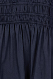 Product shot of the Essentials Organic Cotton Poplin Maxi Ruched Waist Dress in colour Navy (Blue), detail