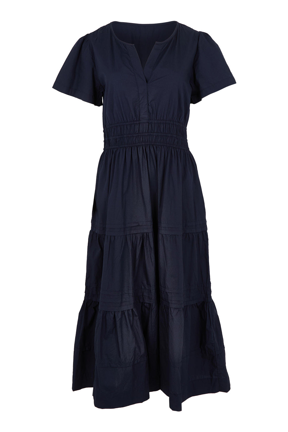 Product shot of the Essentials Organic Cotton Poplin Maxi Ruched Waist Dress in colour Navy (Blue), from the front
